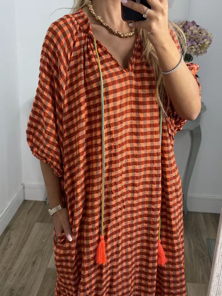 Vestido Filipinas de cuadros naranja