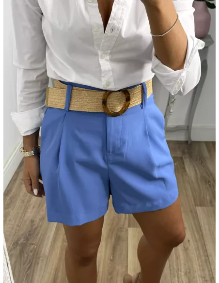 Pantalón Gal azul corto con cinturón rafia