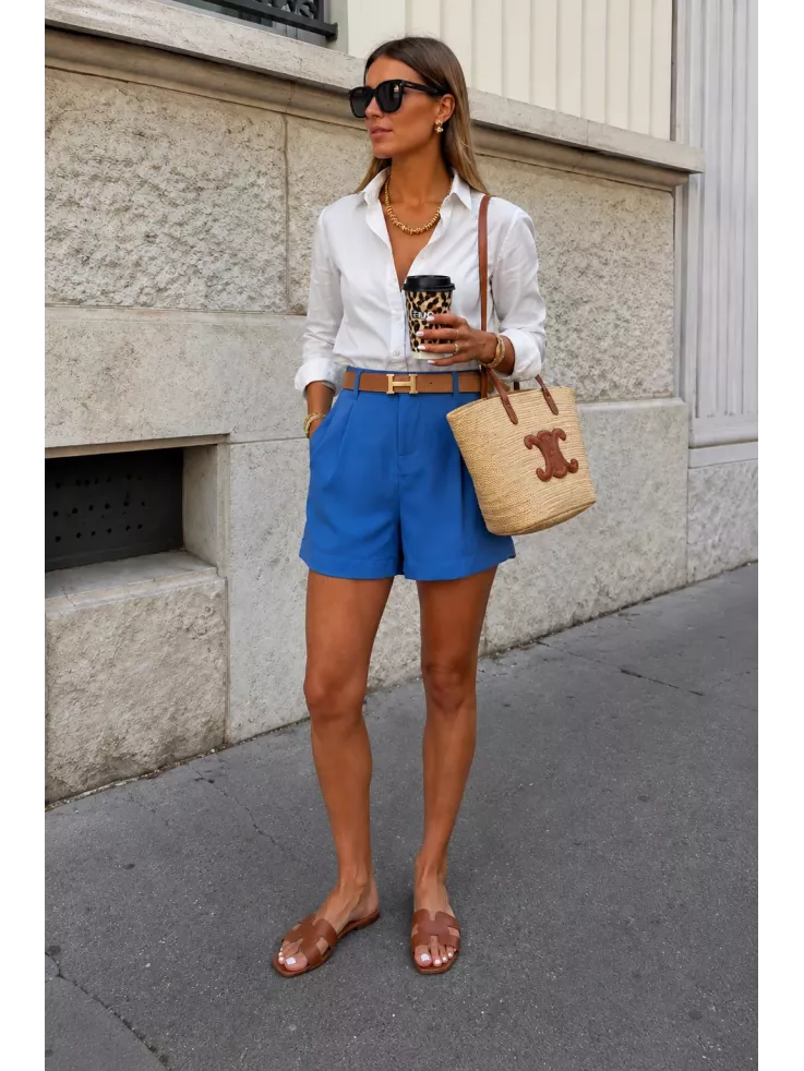 Pantalón Gal azul corto con cinturón rafia