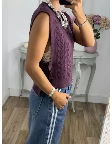 Chaleco trenzado abierto berenjena