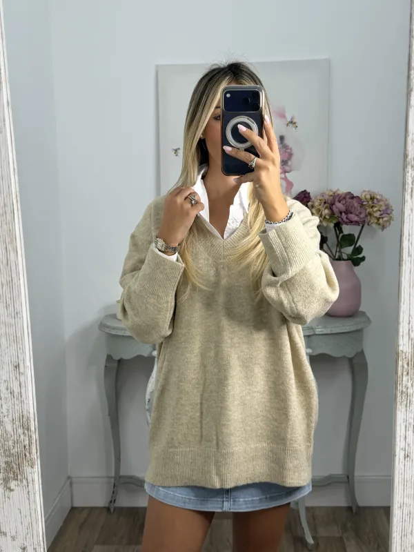 Jersey Laura cuello pico beige