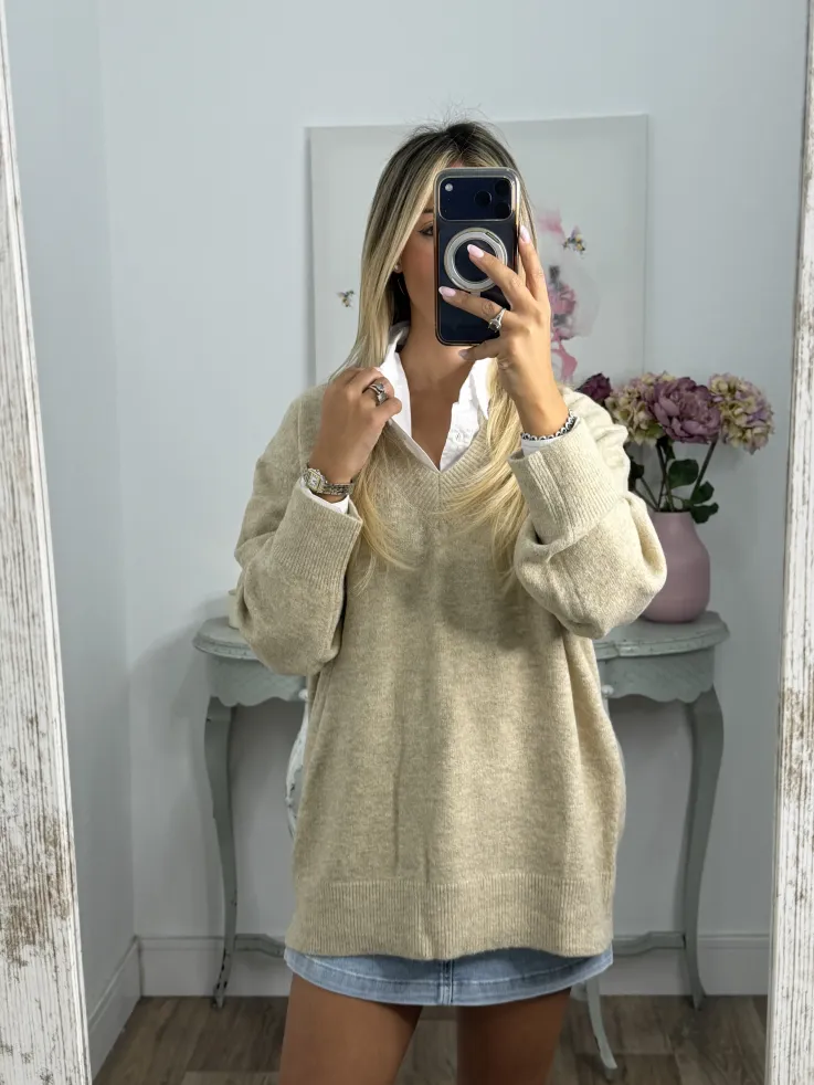 Jersey Laura cuello pico beige
