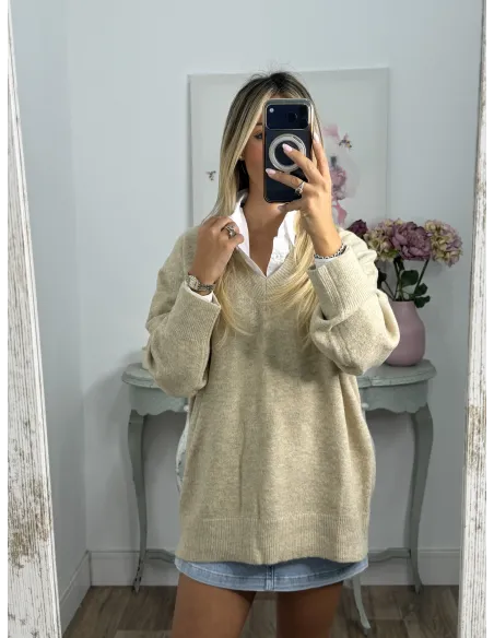 Jersey Laura cuello pico beige