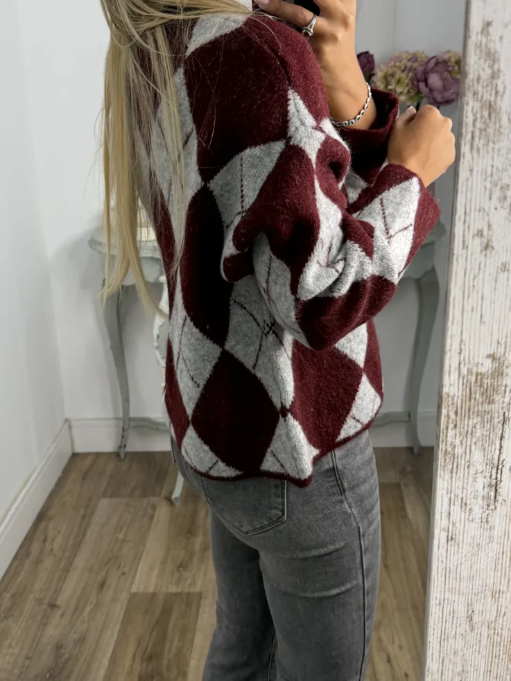 Jersey Rombo Burdeos y gris
