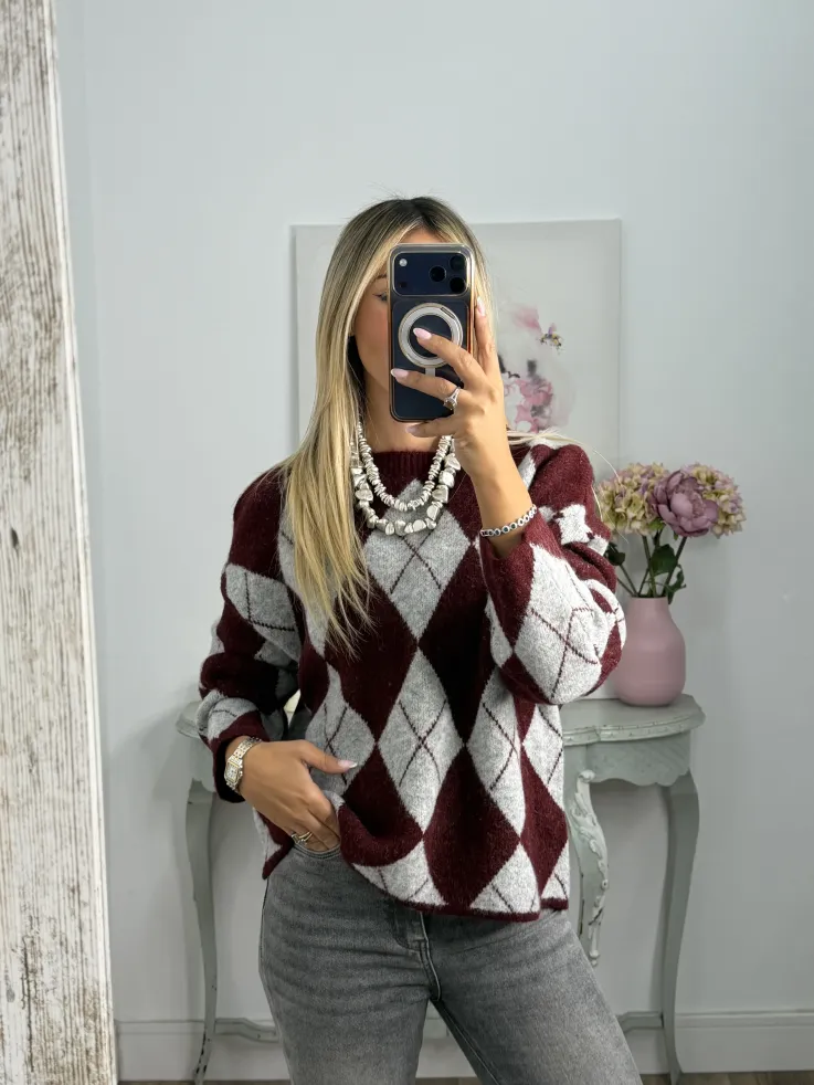 Jersey Rombo Burdeos y gris