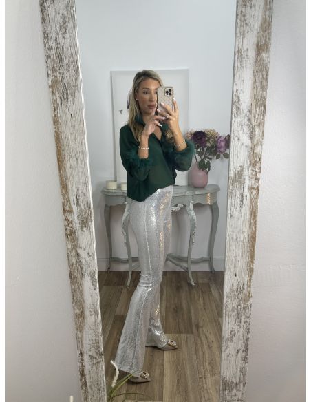 Pantalón capri lentejuelas gris claro