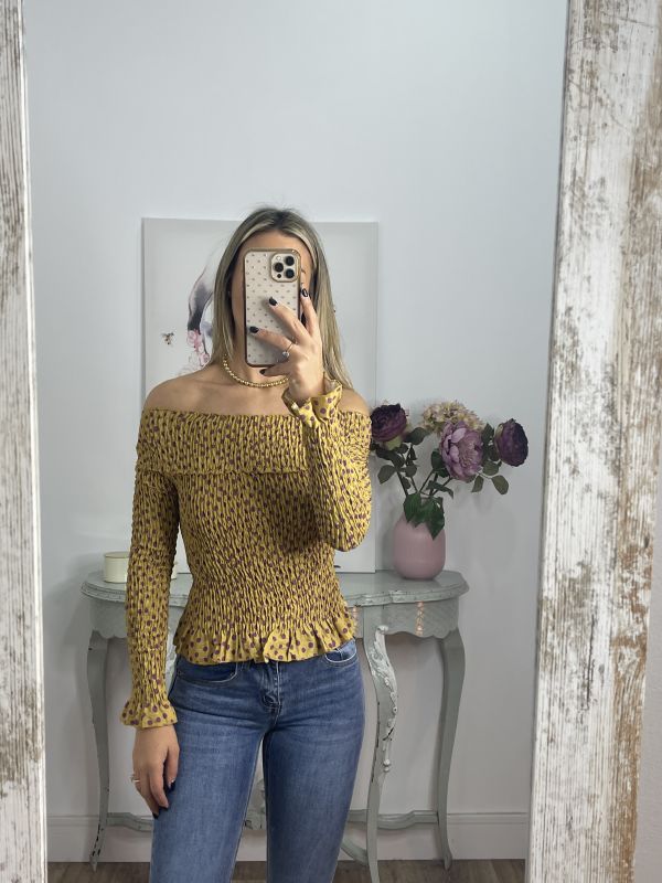 Top nido abeja mostaza estampado