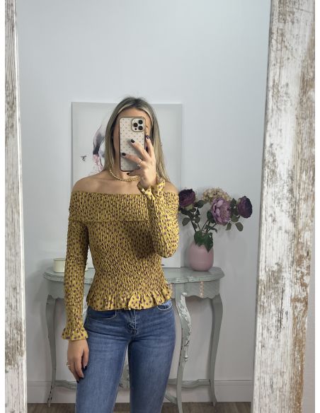 Top nido abeja mostaza estampado