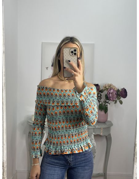 Top nido abeja verde agua y naranja estampado