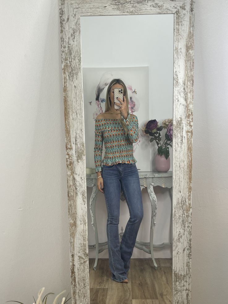 Top nido abeja verde agua y naranja estampado