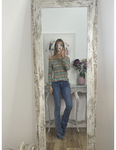 Top nido abeja verde agua y naranja estampado