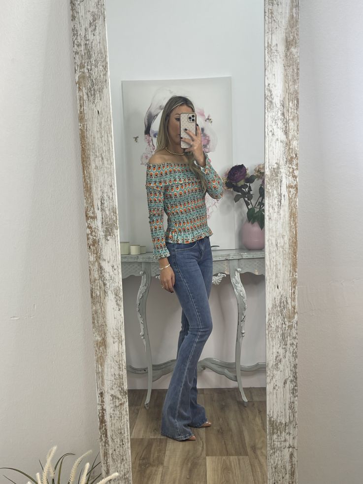 Top nido abeja verde agua y naranja estampado