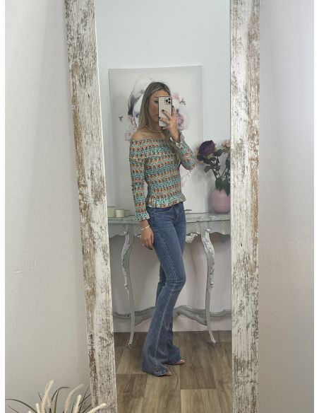 Top nido abeja verde agua y naranja estampado