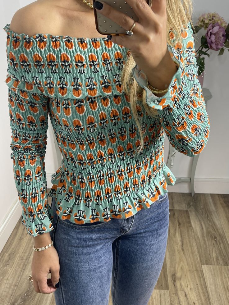 Top nido abeja verde agua y naranja estampado