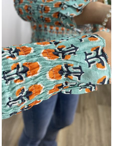 Top nido abeja verde agua y naranja estampado