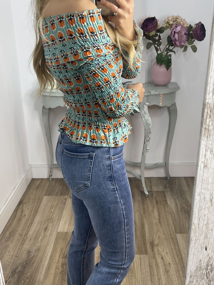 Top nido abeja verde agua y naranja estampado