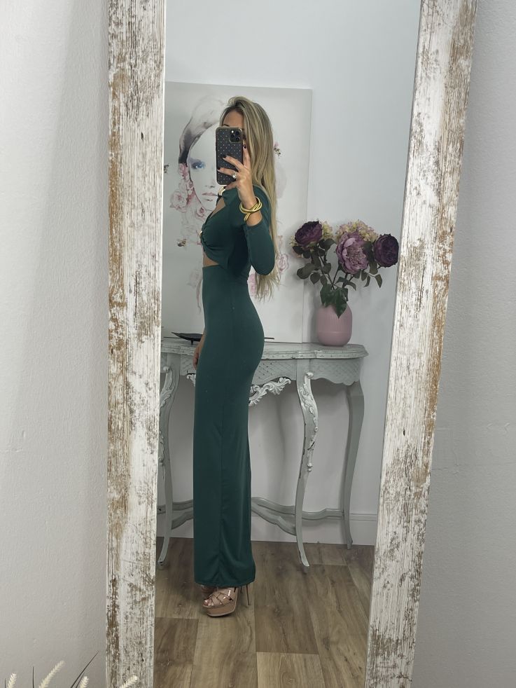 Vestido verde aberturas detalle dorado