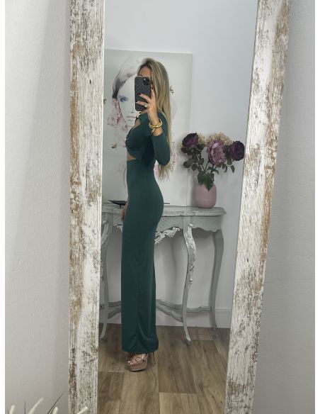 Vestido verde aberturas detalle dorado