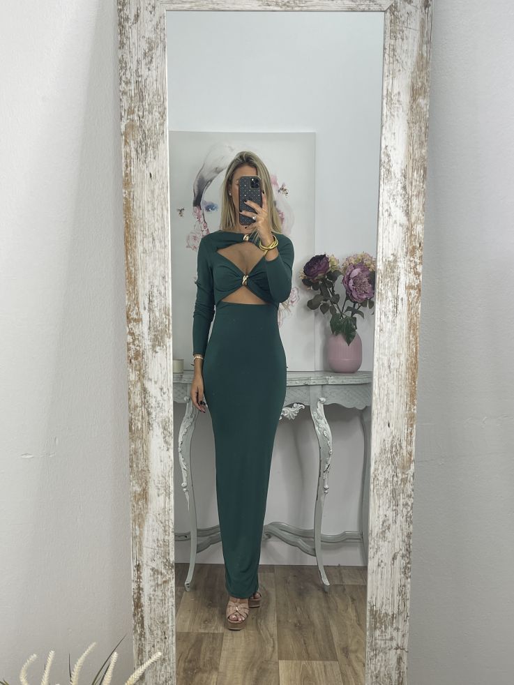 Vestido verde aberturas detalle dorado