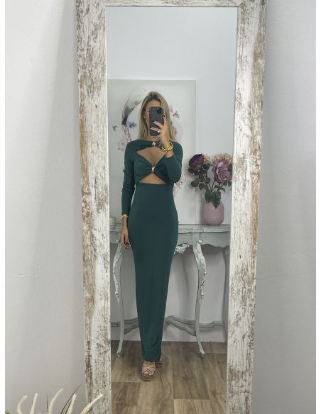 Vestido verde aberturas detalle dorado