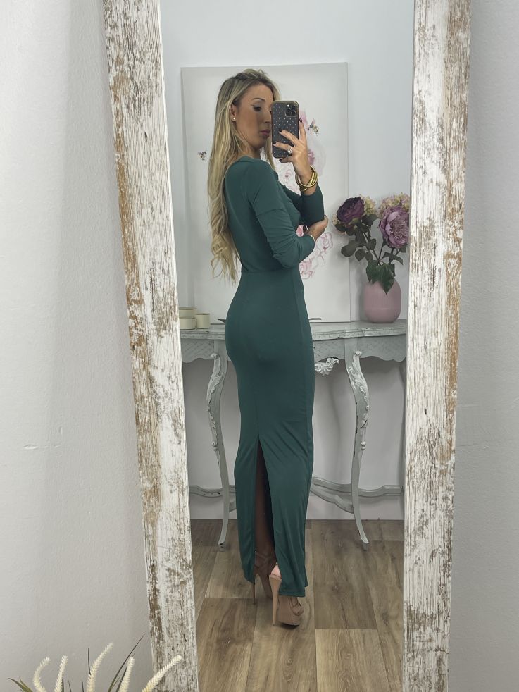 Vestido verde aberturas detalle dorado