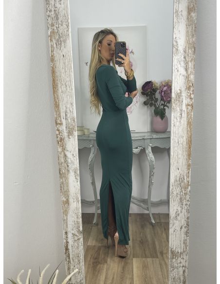 Vestido verde aberturas detalle dorado