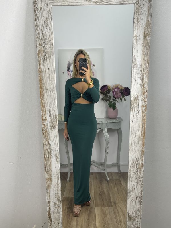 Vestido verde aberturas detalle dorado