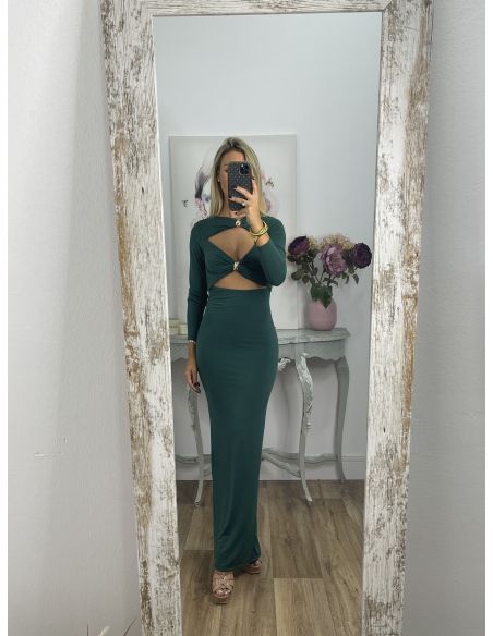 Vestido verde aberturas detalle dorado