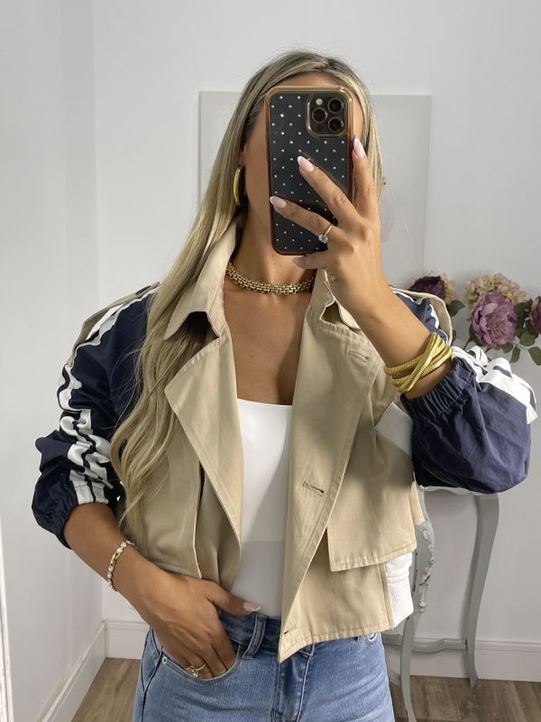 Gabardina combinada beige manga color azul