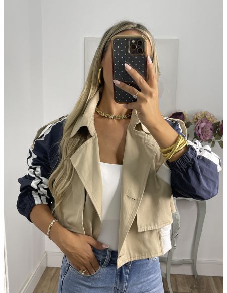 Gabardina combinada beige manga color azul