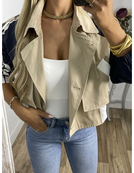 Gabardina combinada beige manga color azul