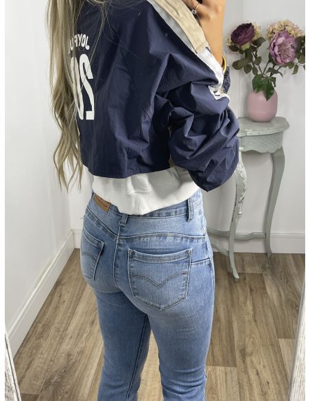 Gabardina combinada beige manga color azul