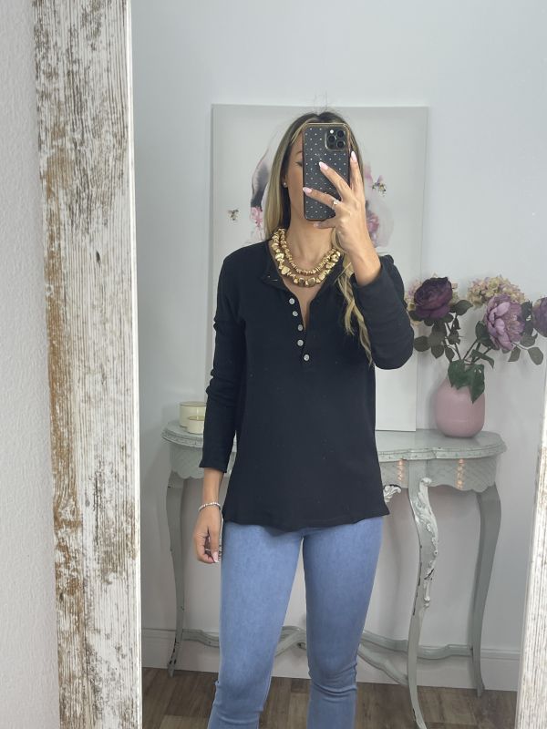 Camiseta algodón botones negra